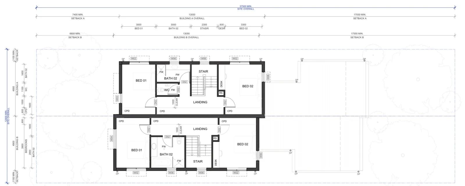 First floor plan A-303 for Semis 02 in a low and mid rise housing area, two bedrooms in each home over the front of the plan with a bathroom, a separate WC, a landing with a built in desk, the stair and cupboards, all inside the 13.05 metre deep two storey portion