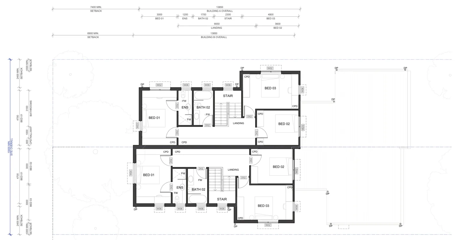 First floor plan A-313 for Semis 02 outside a low and mid rise housing area, three bedrooms in each home with an ensuite to the main bedroom, a family bathroom, the landing, the stair and cupboards