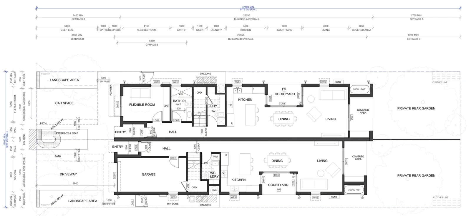 Ground floor plan A-302 for Semis 02 in a low and mid rise housing area, one home with a flexible front room, bathroom, laundry and stair and the other with a 6.15 metre integrated garage, both with a kitchen opening to the 3 metre courtyard and dining and living opening through a covered area to the rear garden, plus bin zones, a 2000 litre rainwater tank and a step free path from the street