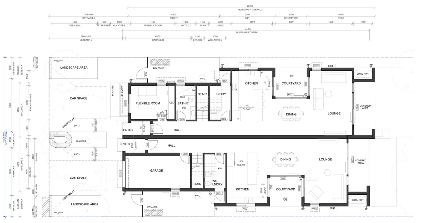 Ground floor plan A-312 for Semis 02 outside a low and mid rise housing area, one home with a flexible front room, bathroom and laundry and the other with a 6.1 metre garage, both with a wider kitchen, dining and lounge, the central courtyard, a covered area to the rear garden, planters and a step free path from the street