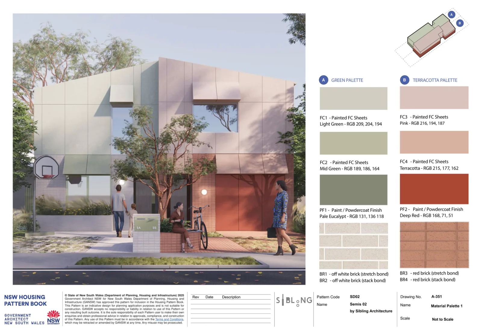 Material palette 1 for Semis 02 on the street facade, the green palette on one home in light and mid green painted fibre cement with pale eucalypt metalwork over off white brick, beside the terracotta palette in pink and terracotta sheets with deep red metalwork over red brick