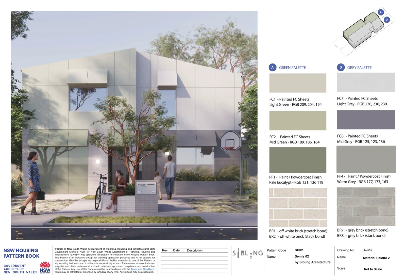 Material palette 2 for Semis 02 on the street facade, the green palette on one home in light and mid green painted fibre cement with pale eucalypt metalwork over off white brick, beside the grey palette in light and mid grey sheets with warm grey metalwork over grey brick