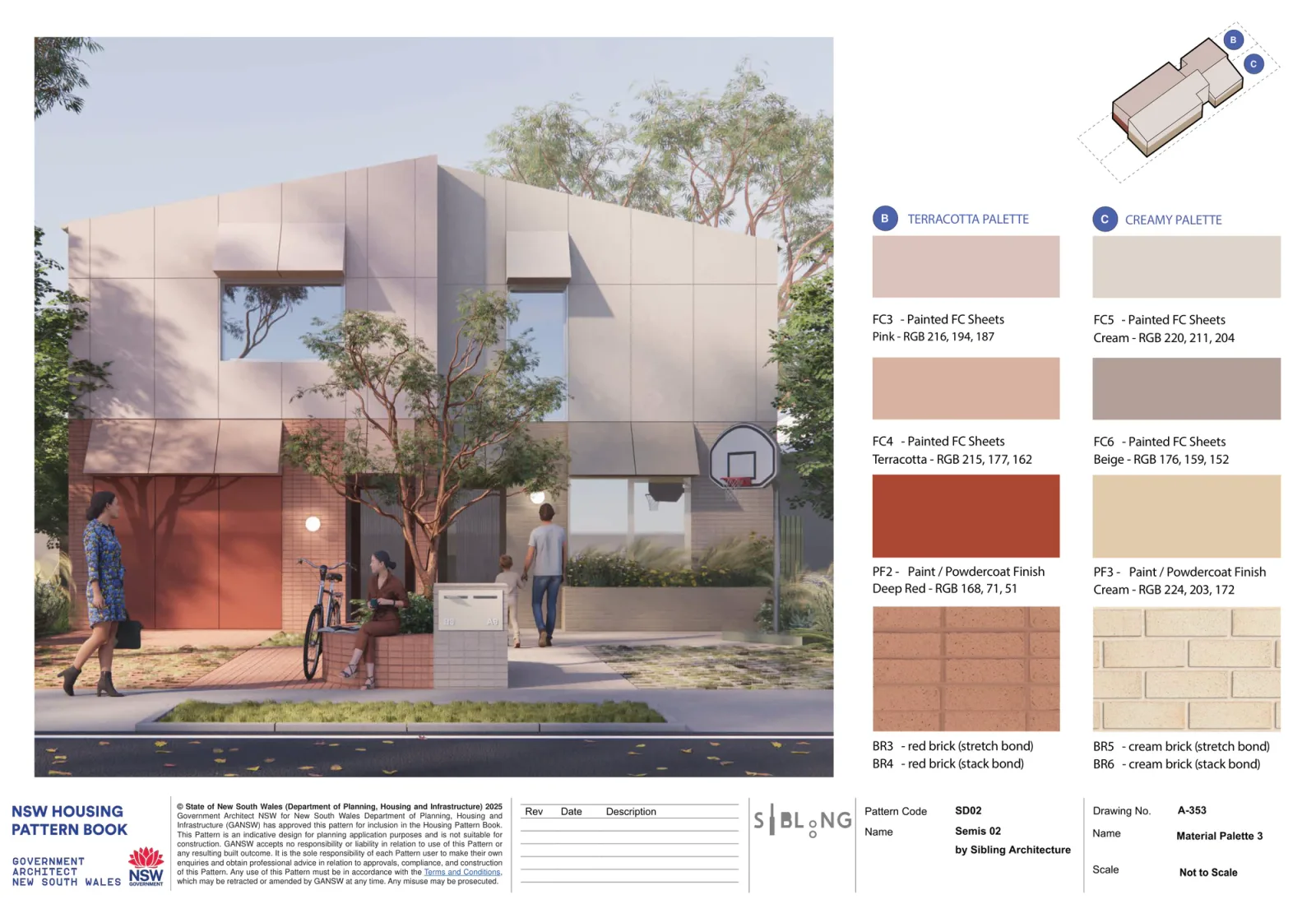 Material palette 3 for Semis 02 on the street facade, the terracotta palette on one home in pink and terracotta painted fibre cement with deep red metalwork over red brick, beside the creamy palette in cream and beige sheets with cream metalwork over cream brick