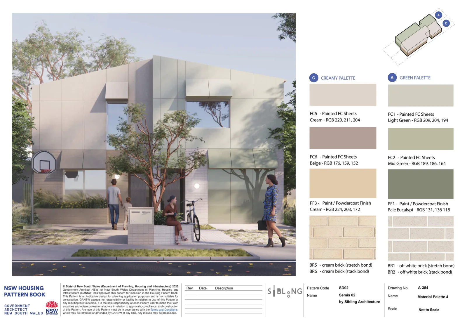 Material palette 4 for Semis 02 on the street facade, the creamy palette on one home in cream and beige painted fibre cement with cream metalwork over cream brick, beside the green palette in light and mid green sheets with pale eucalypt metalwork over off white brick