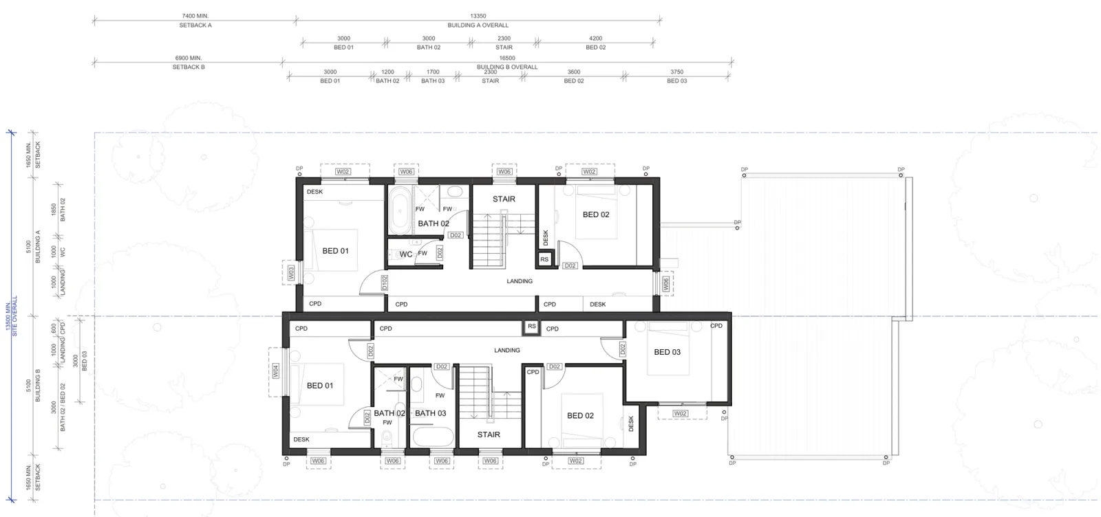 First floor plan A-324 for the base pattern plus, showing one home with two bedrooms, a bathroom, a separate WC and desks, and the other with three bedrooms and two bathrooms inside the wider 16.5 metre building