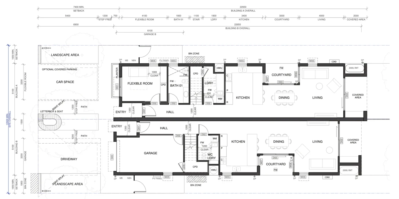 Ground floor plan A-323 for the base pattern plus, showing optional covered parking over the car space, wider entries and halls, one home with a flexible front room and bathroom and the other with a 6.1 metre garage, and both with the kitchen, courtyard, dining and living behind