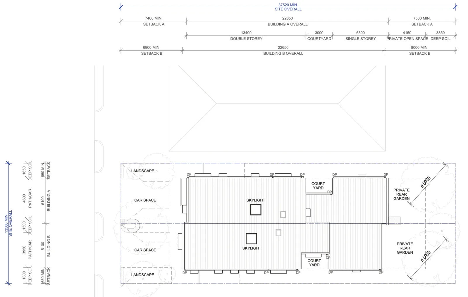 Site plan A-322 for the base pattern plus in a low and mid rise housing area, a 13.5 metre by 37.52 metre lot with each home 5.1 metres wide and 22.65 metres deep, 1.65 metre side setbacks, covered car spaces at the street, 4.15 metres of private open space and a 6 metre diameter circle in each rear garden