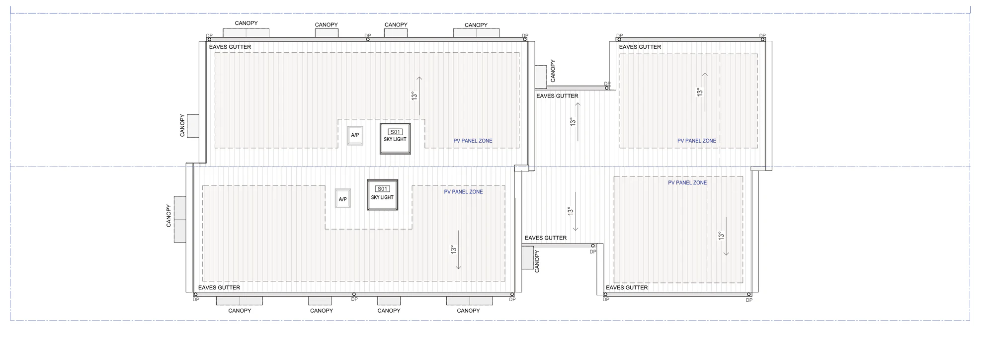 Roof plan A-304 for Semis 02 in a low and mid rise housing area, 13 degree pitches over both homes, a skylight above the centre of each plan, photovoltaic panel zones, eaves gutters, downpipes, an air conditioning plant zone and the sculptural canopies over the windows