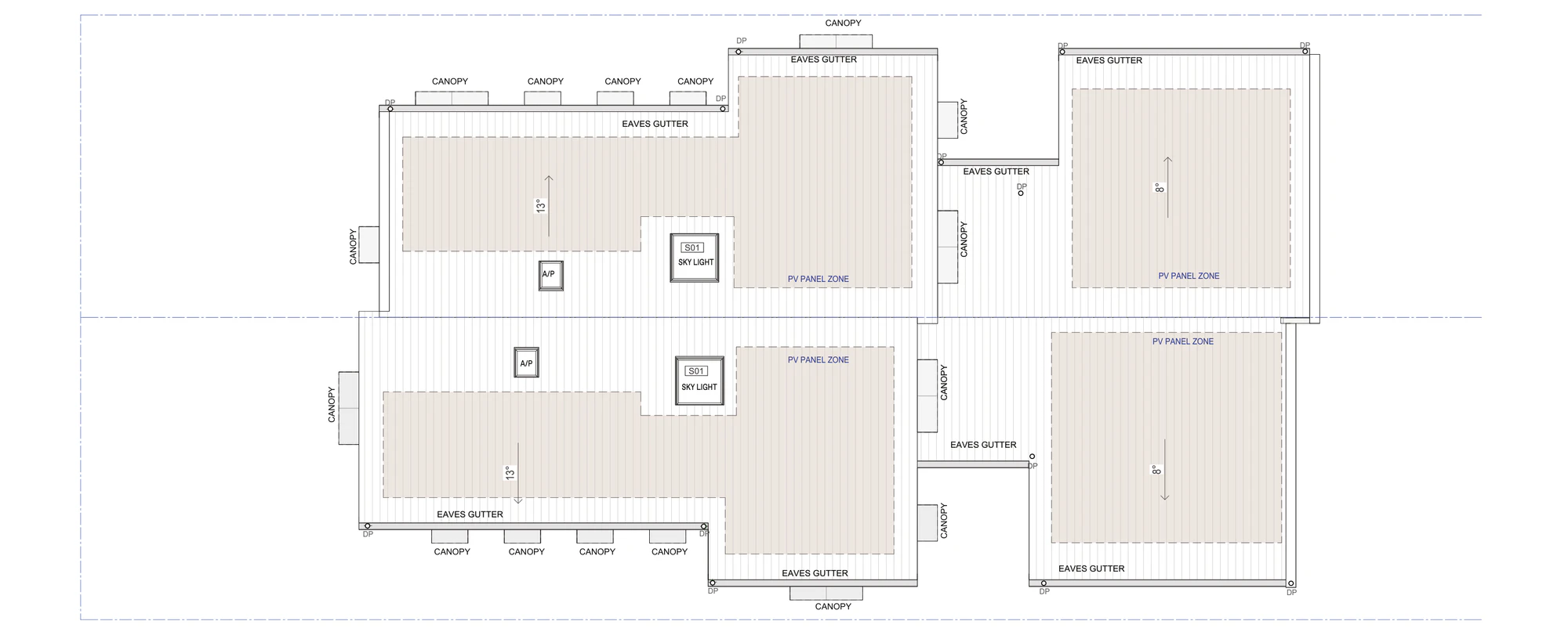 Roof plan A-314 for Semis 02 outside a low and mid rise housing area, a 13 degree pitch over the two storey front section, an 8 degree pitch over the single storey rear section, skylights, photovoltaic panel zones, eaves gutters, downpipes and window canopies