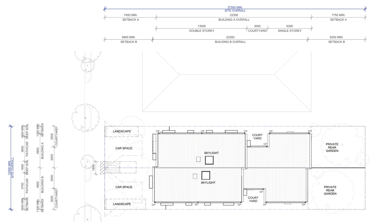 Site plan A-301 for Semis 02 in a low and mid rise housing area, a 12 metre by 37.5 metre lot with front setbacks of 7.4 and 6.9 metres, each home 4.9 metres wide and 22.35 metres deep, 1.1 metre side setbacks, a car space and landscape strip to each home at the street and two private gardens at the rear