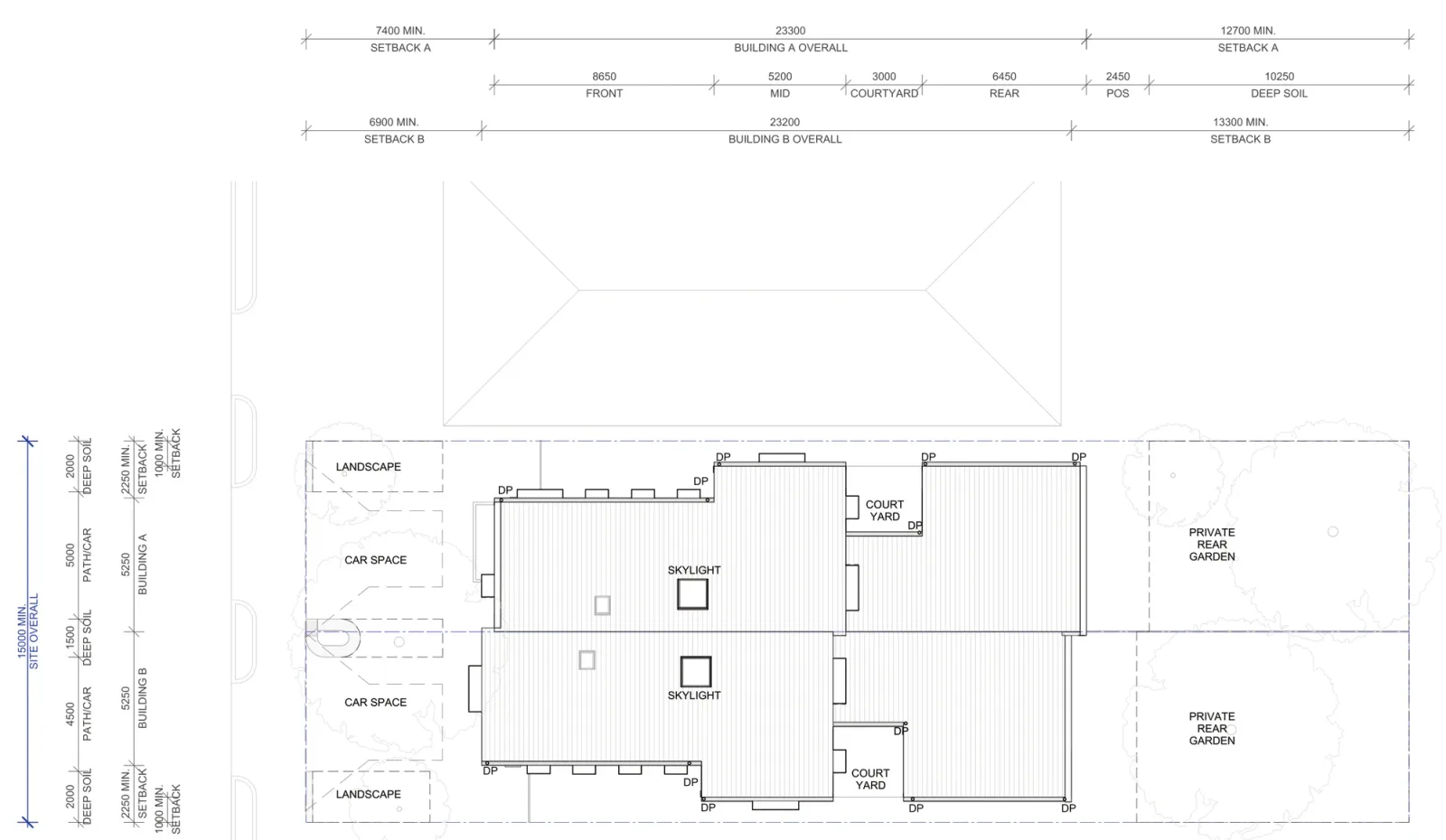Site plan A-311 for Semis 02 outside a low and mid rise housing area, a 15 metre wide lot with front setbacks of 7.4 and 6.9 metres, each home 5.25 metres wide and about 23.3 metres deep in an 8.65 metre front section, a 5.2 metre middle section, a 3 metre courtyard and a 6.45 metre rear section, with private open space and deep soil behind
