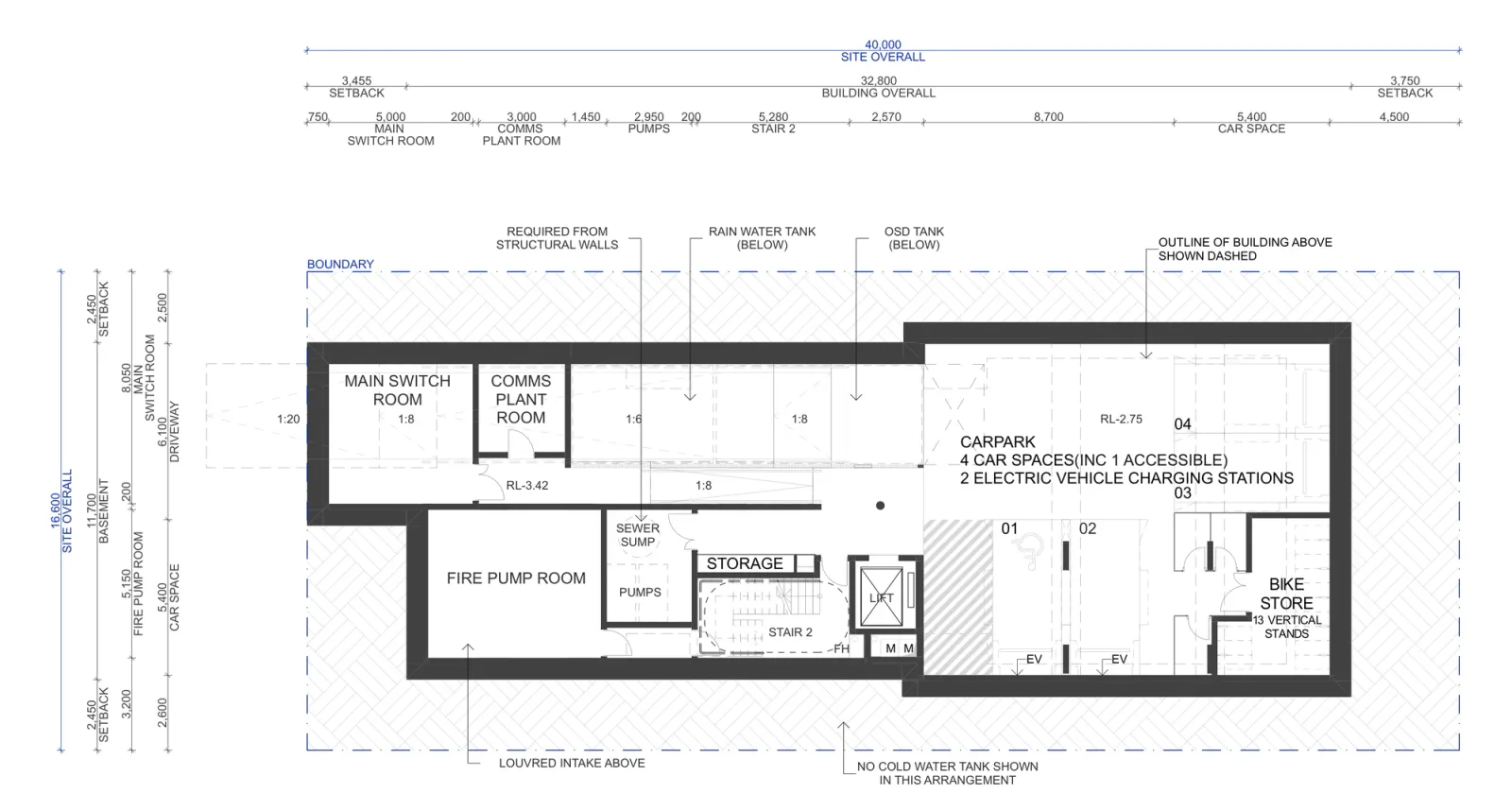 Basement plan for the basement parking arrangement, showing 4 car spaces including 1 accessible space, 2 electric vehicle charging stations, a 13 stand bike store, the lift and second stair, storage, sewer sump, pumps, fire pump room, comms plant room and main switch room