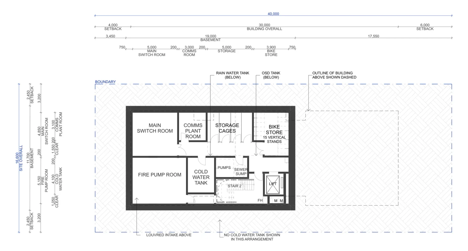 Basement plan for the on grade parking arrangement, a services only level holding the main switch room, comms plant room, storage cages, a 15 stand bike store, cold water tank, fire pump room, pumps, sewer sump, lift and second stair