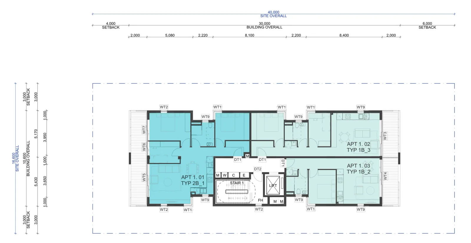 First floor plan showing three apartments around the central lift and stair, a two bedroom home to the street and two one bedroom homes to the rear, each with a full width balcony