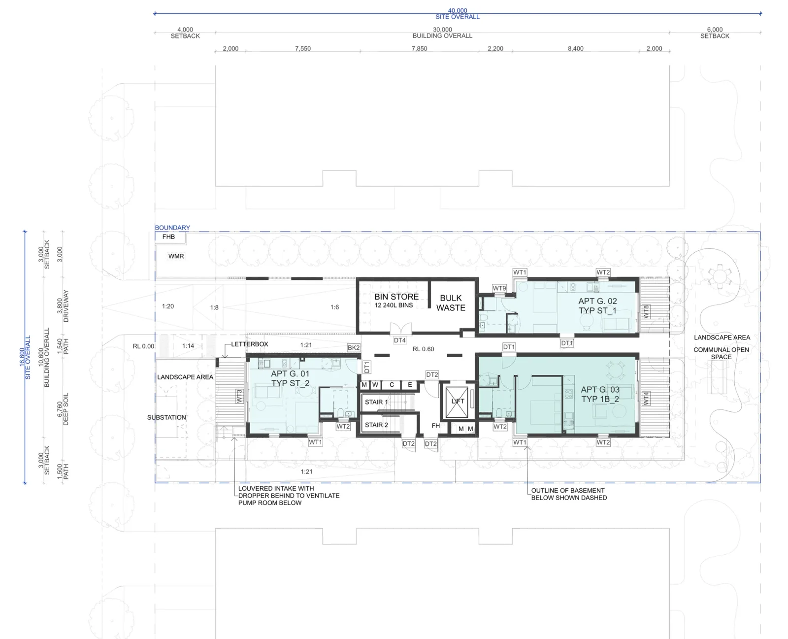 Ground floor and site plan for the basement parking arrangement, showing two studio apartments and a one bedroom apartment, the letterbox and entry, a bin store with 12 bins, the bulk waste room, substation, the driveway down to the basement, deep soil planting and the rear communal garden