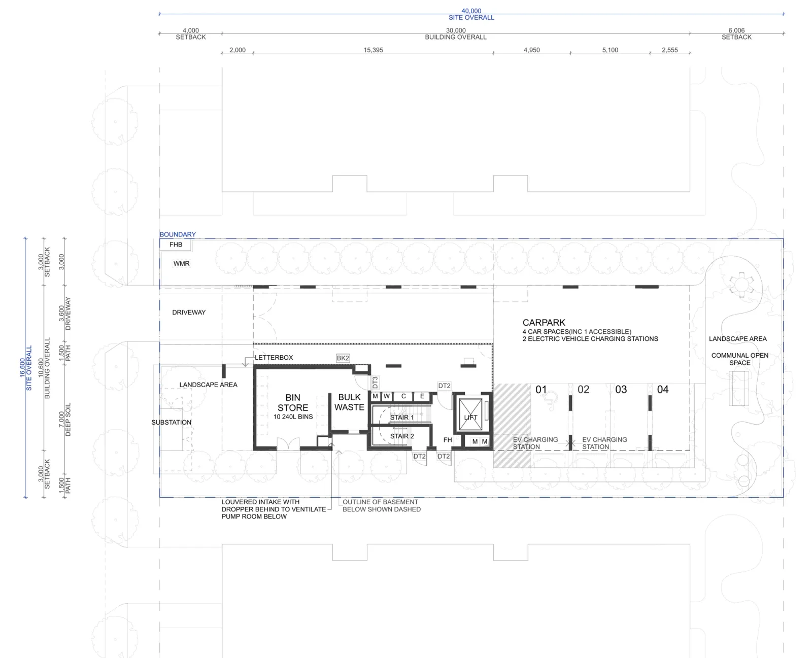 Ground floor and site plan for the on grade parking arrangement, showing 4 car spaces including 1 accessible space and 2 electric vehicle charging stations at the rear, a bin store with 10 bins, the bulk waste room, letterbox, substation, driveway, deep soil planting and communal open space
