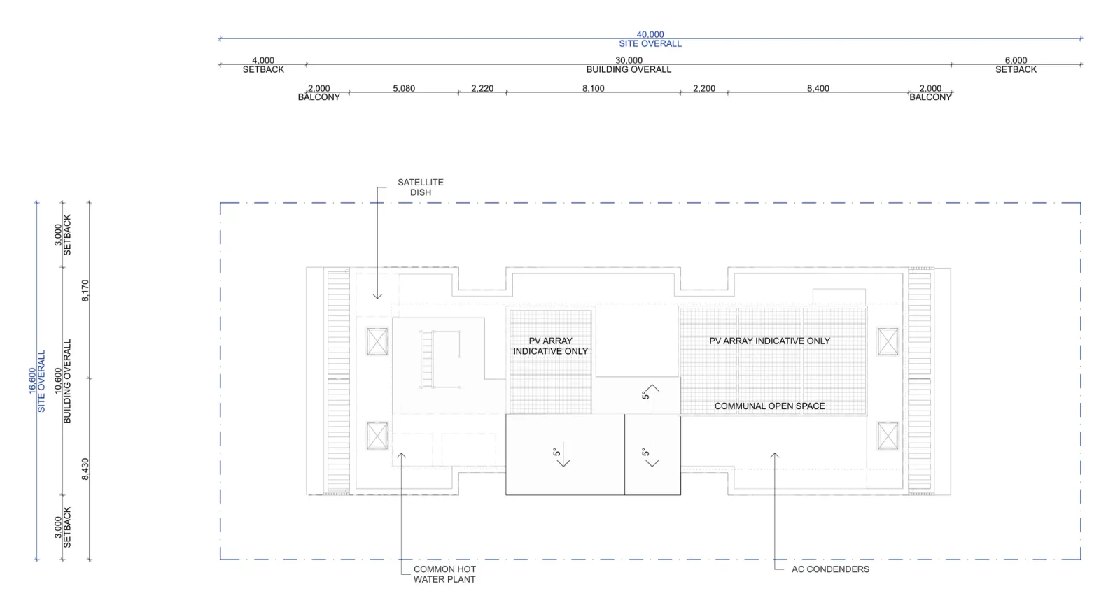 Alternative roof plan showing indicative photovoltaic arrays over the service roof, the retained communal open space, roof falls at 5 degrees, common hot water plant, air conditioning condensers and satellite dish