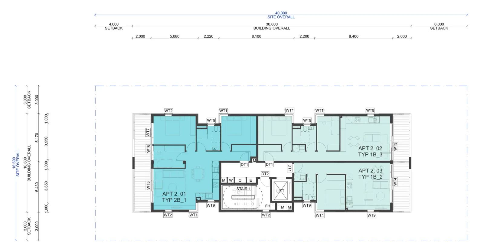 Second floor plan repeating the first floor, with a two bedroom home and two one bedroom homes around the central lift and stair, each with a full width balcony