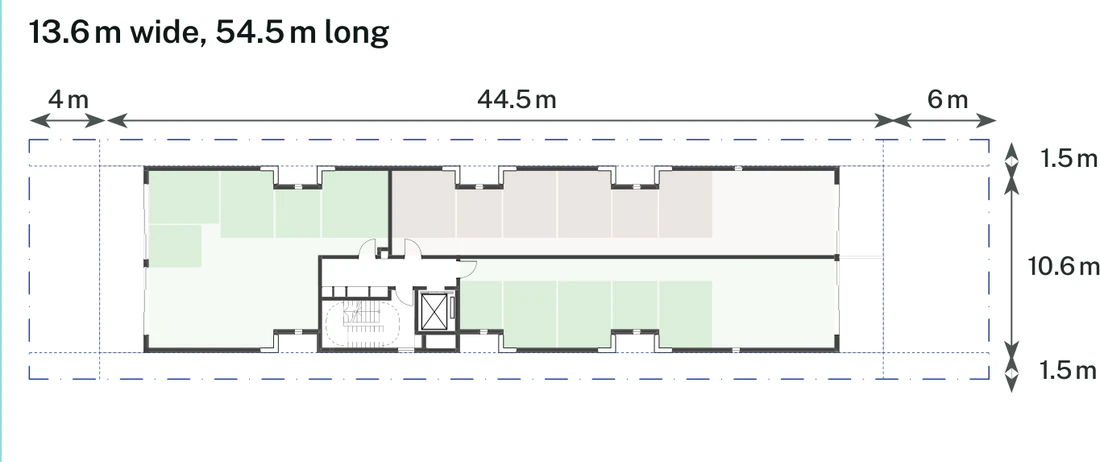 Lot size adaptation for a 13.6 by 54.5 metre mid block site of 741.2 square metres with 1.5 metre side setbacks, showing the longer floor plate that the extra depth allows inside the 4 metre front and 6 metre rear setbacks