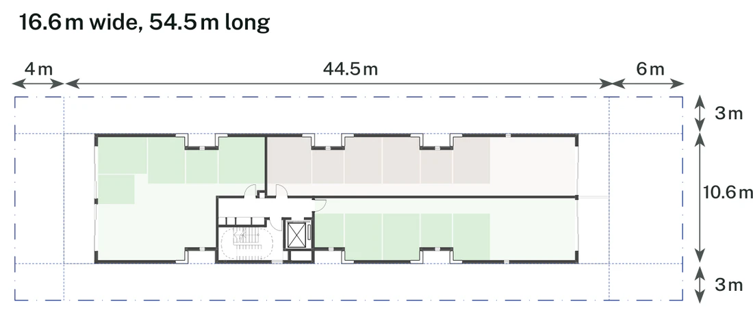 Lot size adaptation for a 16.6 by 54.5 metre mid block site of 904.7 square metres with 3 metre side setbacks, the largest drawn condition, showing the longest and widest floor plate inside the 4 metre front and 6 metre rear setbacks with the roof garden above