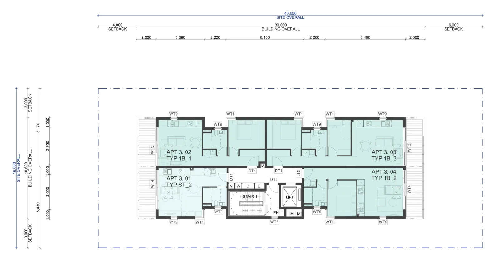 Third floor plan showing four apartments around the central lift and stair, one studio and three one bedroom homes, each with a balcony