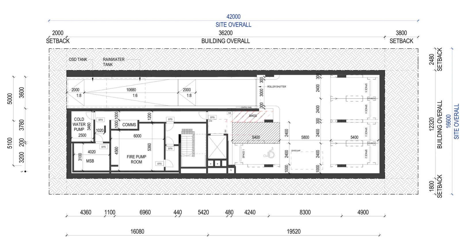 Small Lot Apartments 02 basement plan showing five car spaces including one accessible space, provision for future electric vehicle charging, bicycle parking, the ramp and roller shutter, the fire pump room, main switchboard, comms room and cold water pump room, and the detention and rainwater tanks
