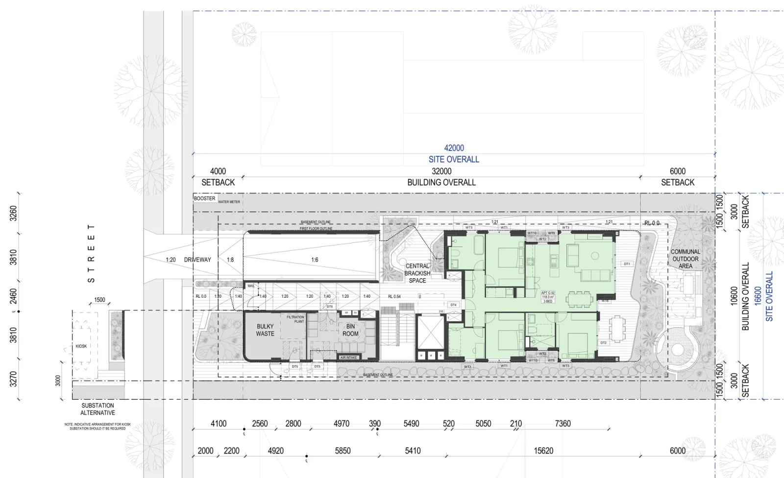 Small Lot Apartments 02 ground floor plan showing the driveway ramp down to the basement, the bin and bulky waste rooms, the filtration plant, the central brackish space, a 3 bedroom apartment, the communal outdoor area at the rear and the alternative kiosk substation at the front