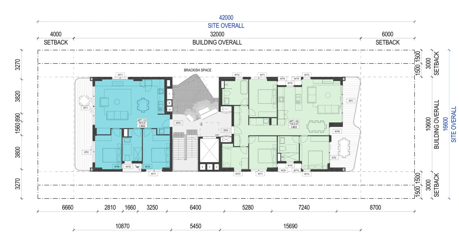 Small Lot Apartments 02 Level 1 plan showing a 2 bedroom apartment at the street end and a 3 bedroom apartment at the rear, either side of the central brackish space, lift and stair, with the ventilation notch cut through the middle of the building
