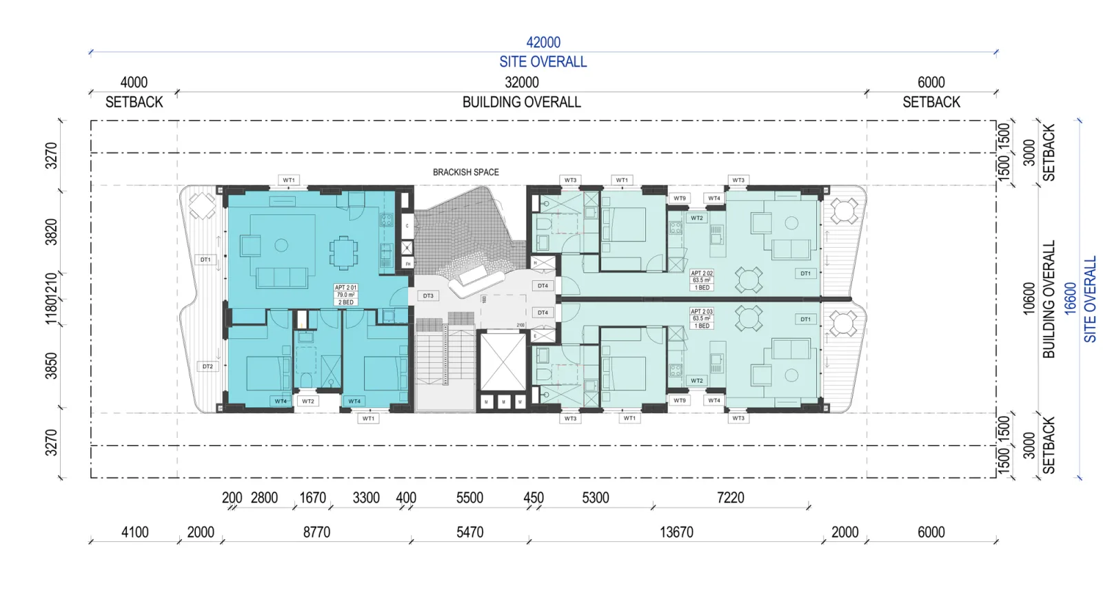 Small Lot Apartments 02 Level 2 plan showing a 2 bedroom apartment at the street end and two 1 bedroom apartments at the rear, arranged around the central brackish space, lift and stair