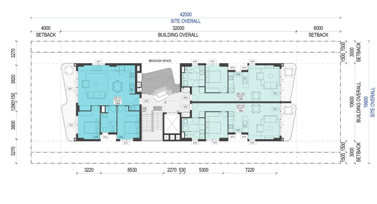 Small Lot Apartments 02 Level 3 plan repeating the 2 bedroom apartment and the two 1 bedroom apartments around the central brackish space, with the access hatch to the roof above
