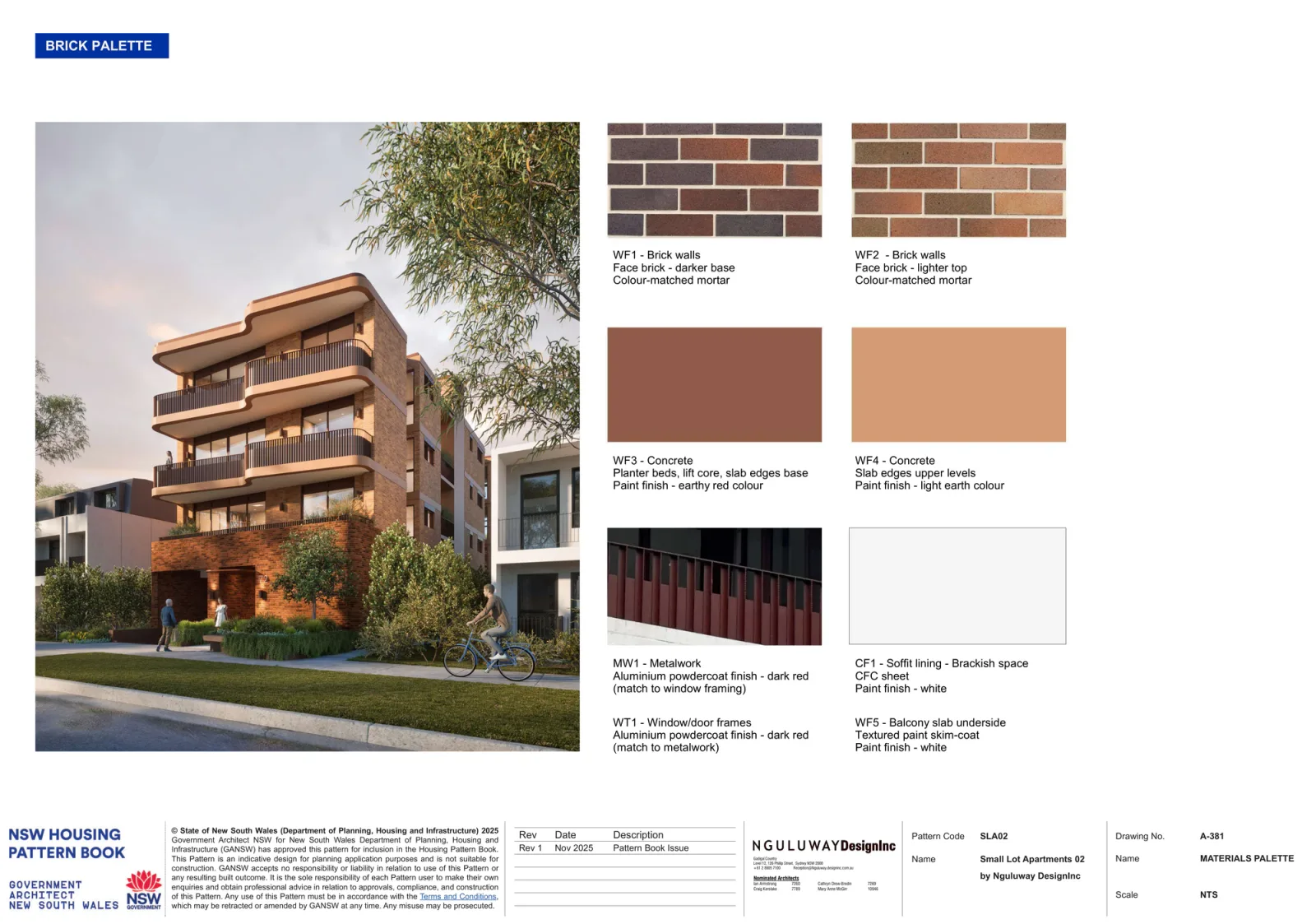 Small Lot Apartments 02 brick palette sheet with a street render of the complete 4 storey building, showing darker face brick to the base, lighter face brick above with colour matched mortar, earthy red and light earth painted concrete, dark red aluminium window frames and white brackish space soffits