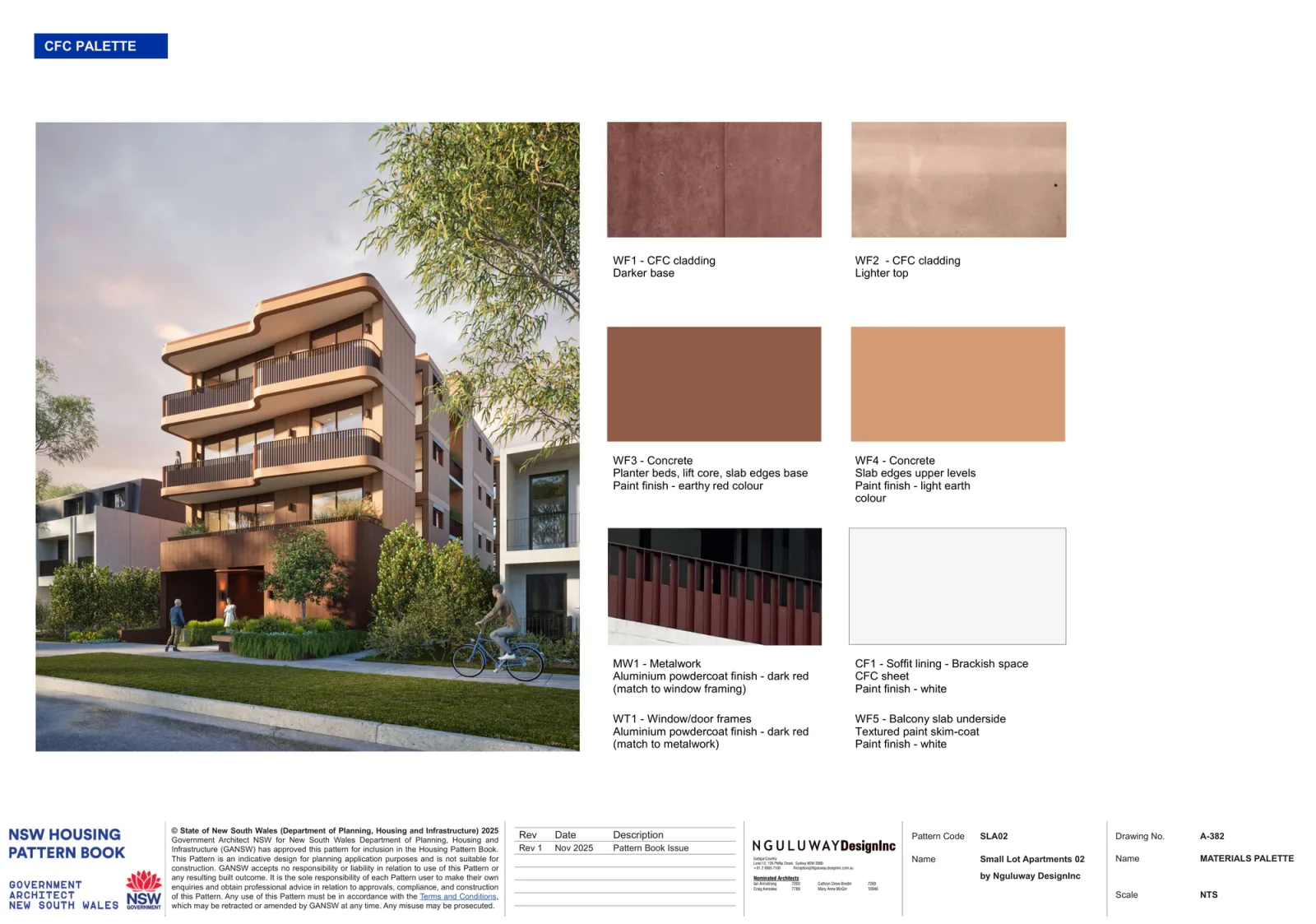 Small Lot Apartments 02 compressed fibre cement palette sheet with a street render of the complete 4 storey building, showing darker cladding to the base, lighter cladding above, earthy red and light earth painted concrete, dark red aluminium metalwork and white brackish space soffits