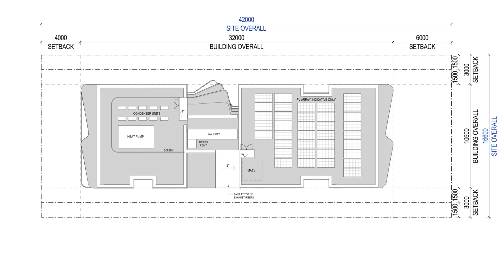 Small Lot Apartments 02 roof plan showing the screened condenser units and heat pump, the maintenance walkway and access point, the master antenna enclosure, the fans at the top of the exhaust risers and the indicative photovoltaic array