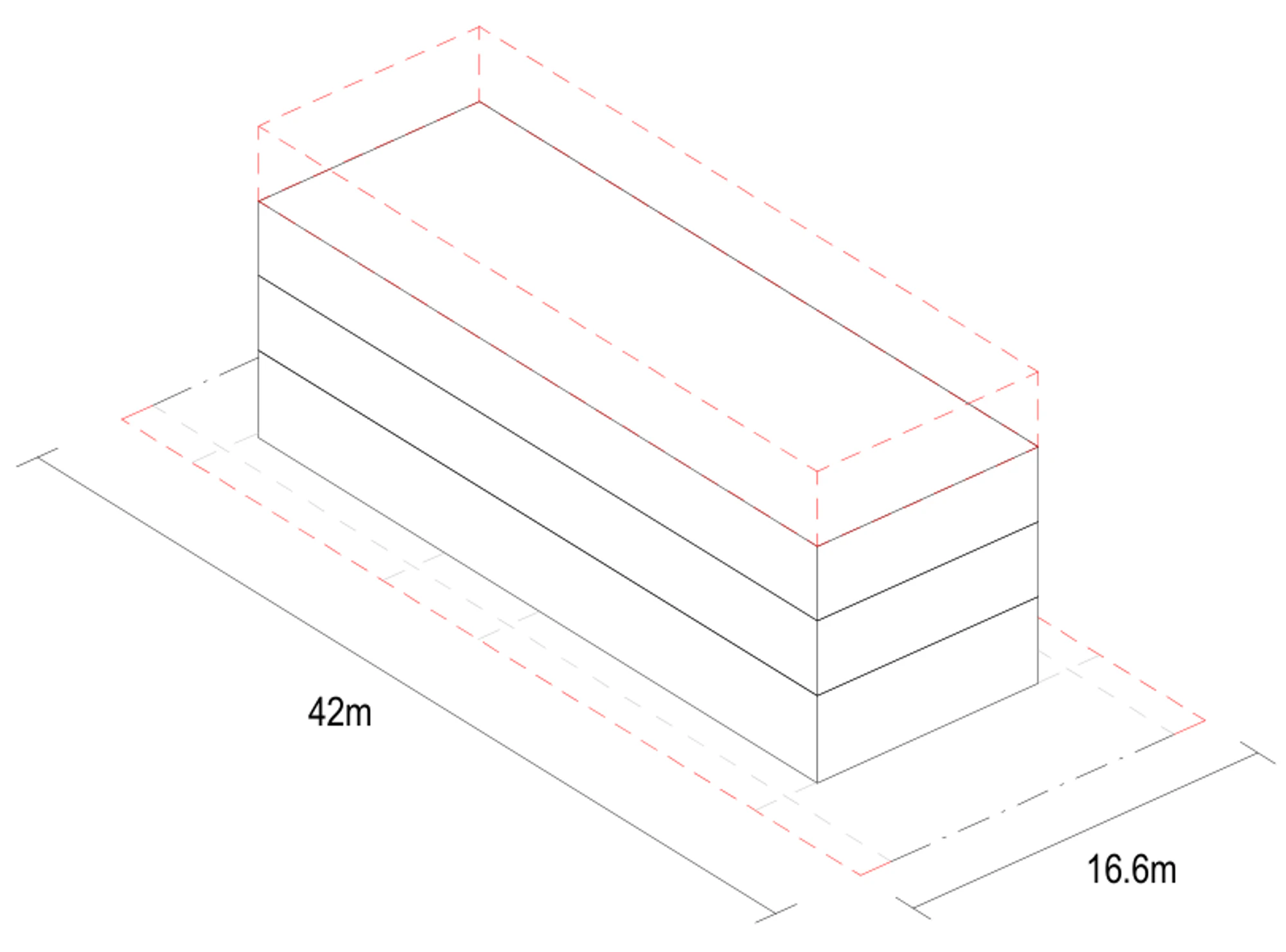 Small Lot Apartments 02 lot width adaptation sheet showing the fourth storey drawn in red dashed line above the 3 storey form once the site reaches 16.6 by 42 metres, with 3 metre setbacks to each side boundary; the whole building holds 9 apartments