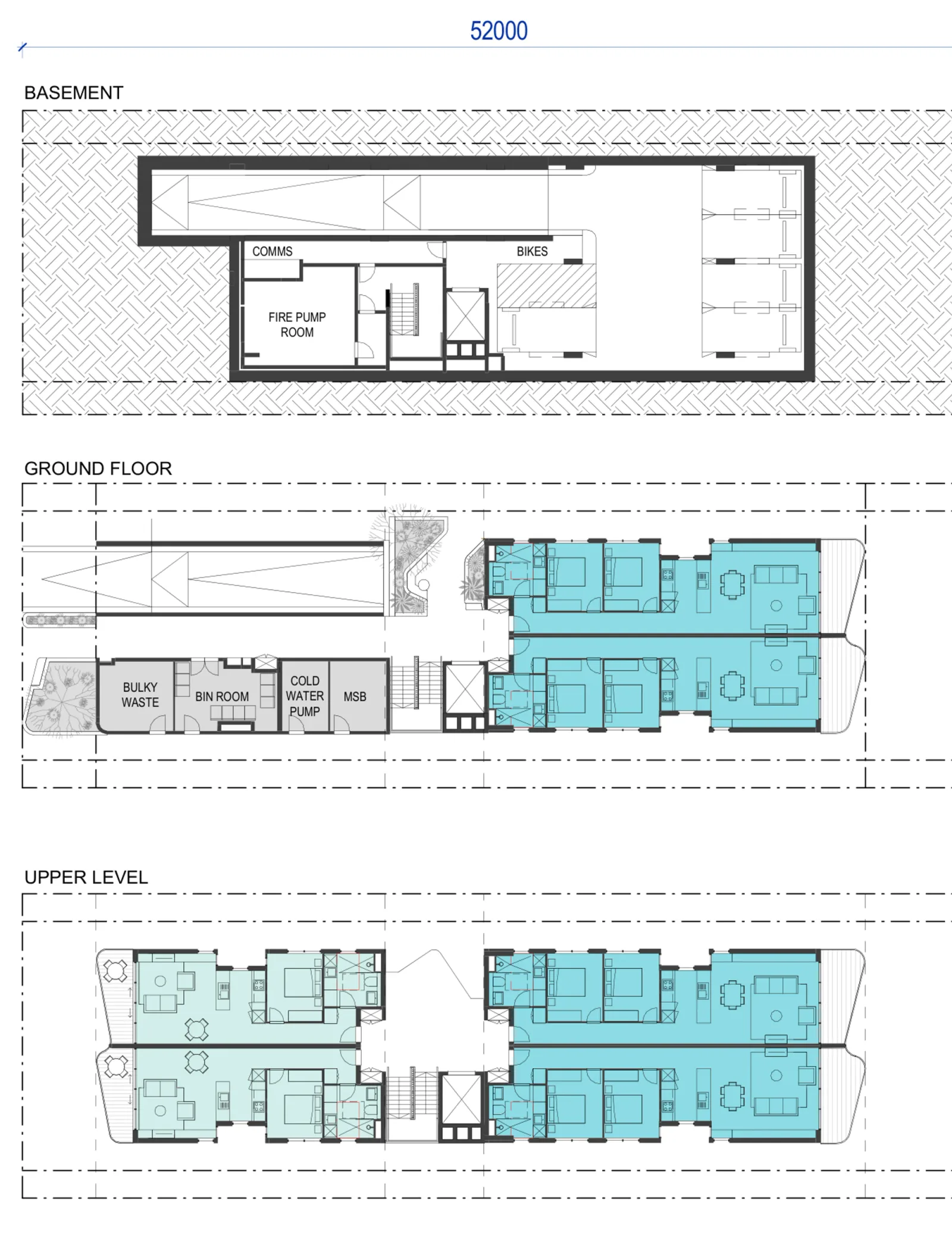 Small Lot Apartments 02 lot size variant for the longest published site at 52 metres, showing the basement with parking and plant, a ground floor with the waste rooms and four apartments, and an upper level with six apartments, dimensioned for site widths of 13,600 and 16,600 millimetres; the whole building holds 11 to 14 apartments