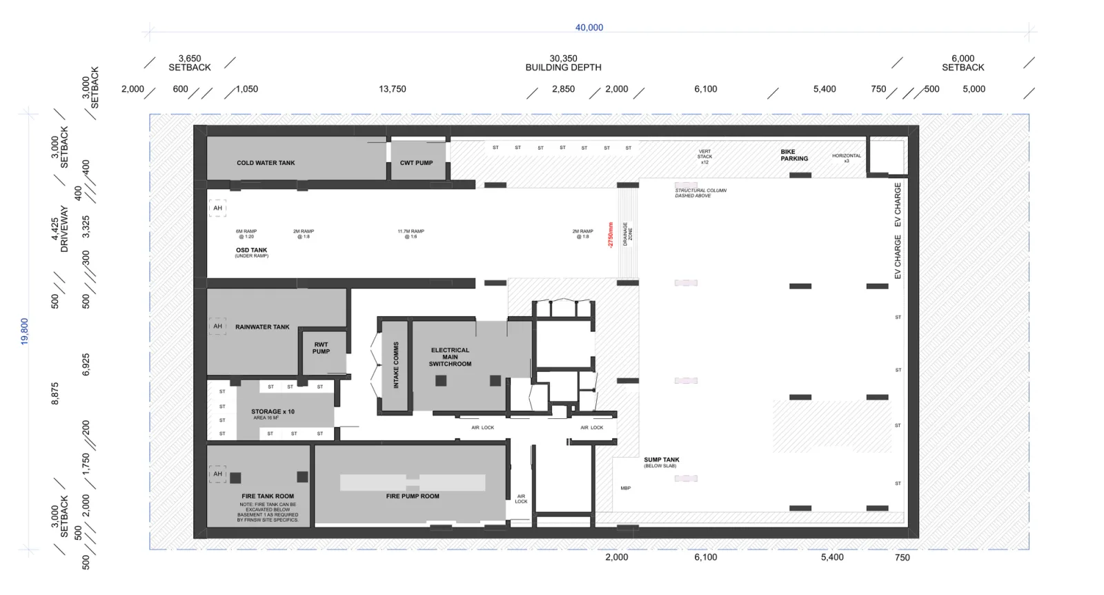 Basement plan showing the ramp down from the street, car and bicycle parking with electric vehicle charging, resident storage, the cold water and rainwater tanks, the electrical switch room and the fire tank and pump rooms