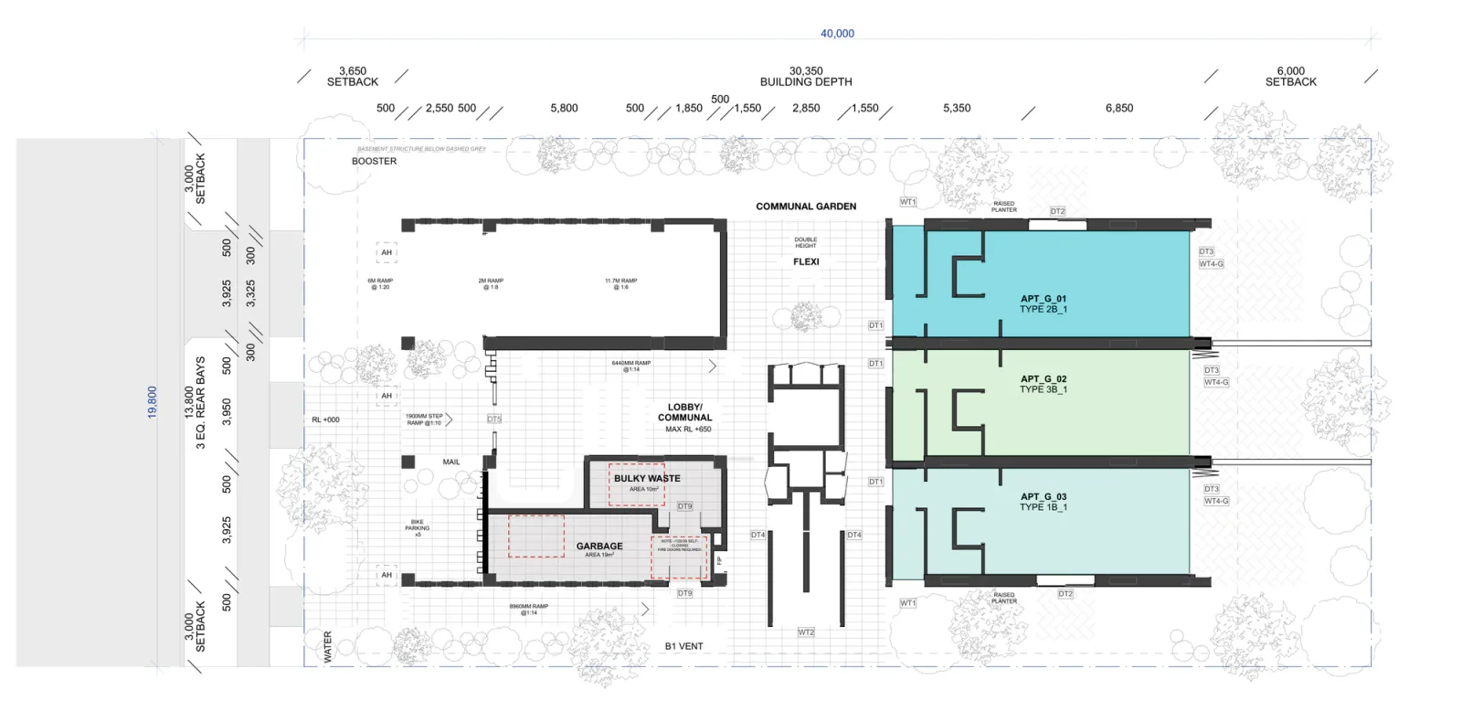 Ground floor plan showing the 3.65 metre front setback, the ramp down to the basement, the residential lobby, the garbage and bulky waste rooms, a communal garden, the double height flexible room and three apartments with private gardens at the rear