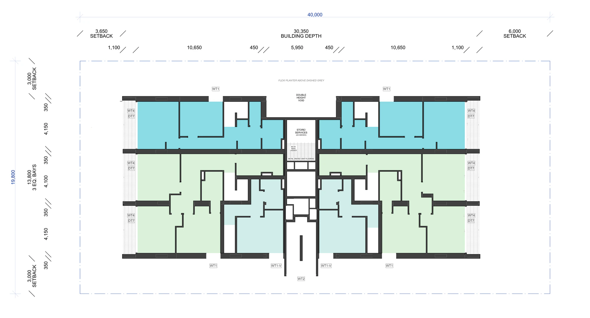 First floor plan showing six apartment portions either side of the central lift and stair core, the double height void over the flexible room, and the store and services space