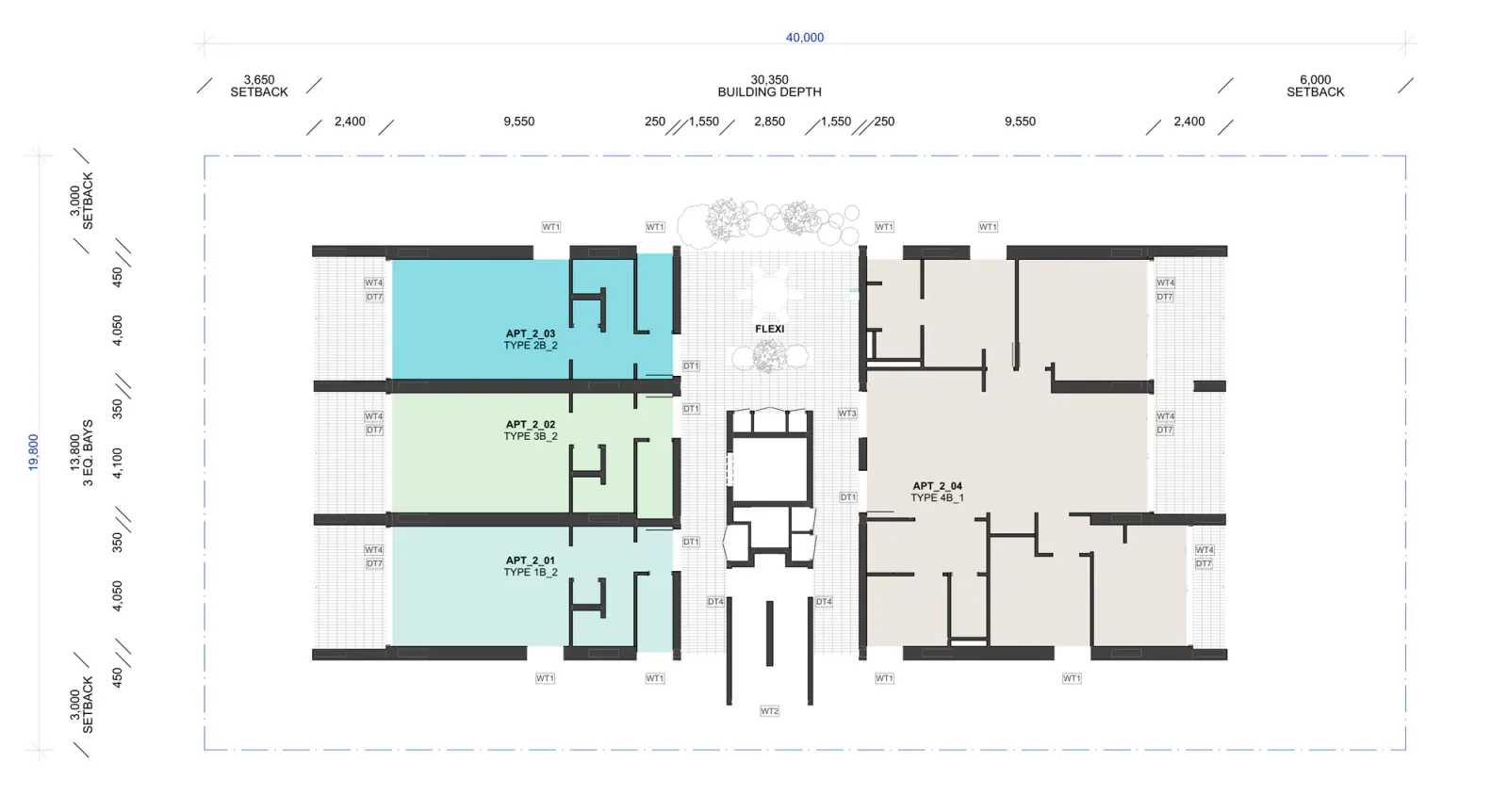 Second floor plan showing three whole apartments in the front module, a four bedroom apartment across the rear module and the flexible communal room beside the lift and stair core
