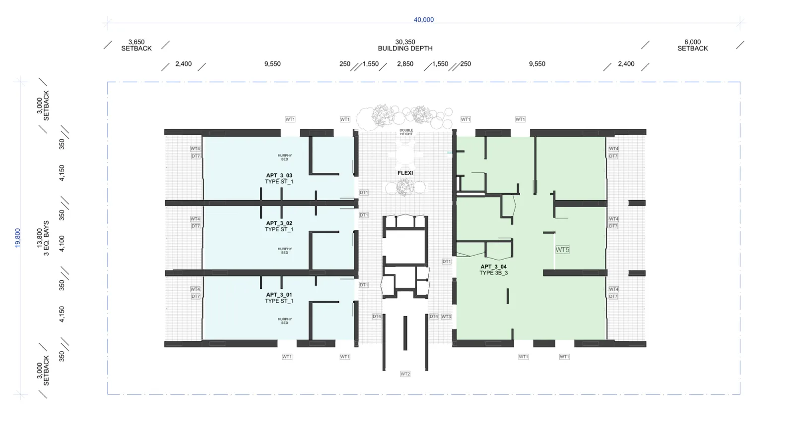 Third floor plan showing three studio apartments with fold down beds in the front module, a three bedroom apartment across the rear module and the planted flexible communal room