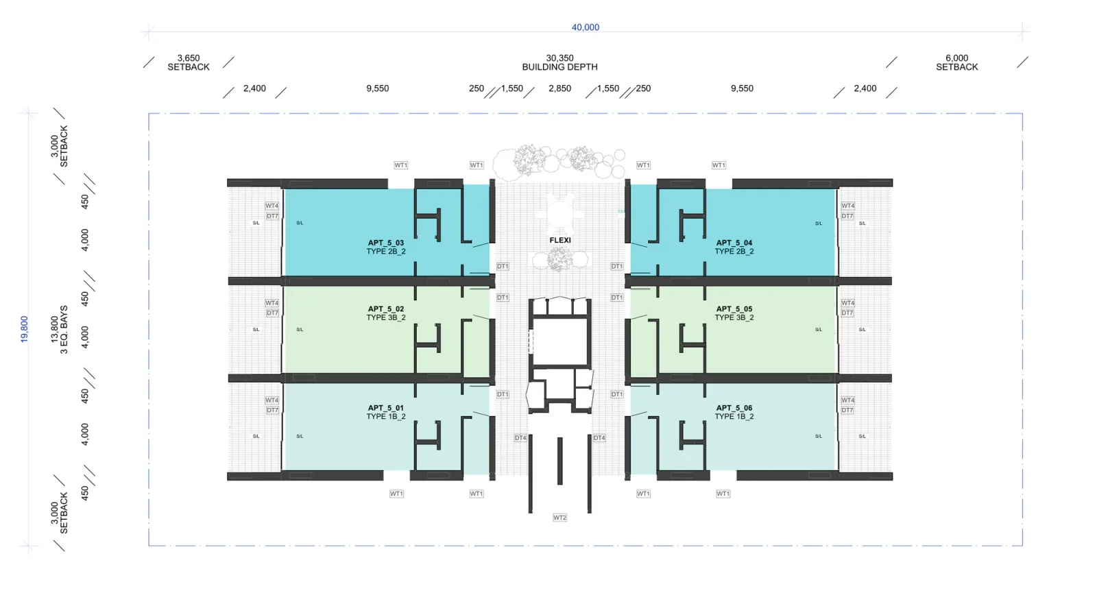 Fifth floor plan showing six apartments, a one bedroom, a three bedroom and a two bedroom home in each module, formed as the upper levels of the two storey apartments below