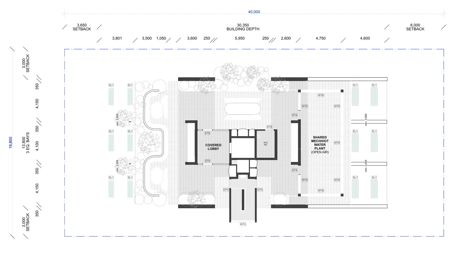 Sixth floor plan of the rooftop level showing the covered lobby, an accessible toilet, a paved communal terrace, raised planters and the shared mechanical and hot water plant in the open air