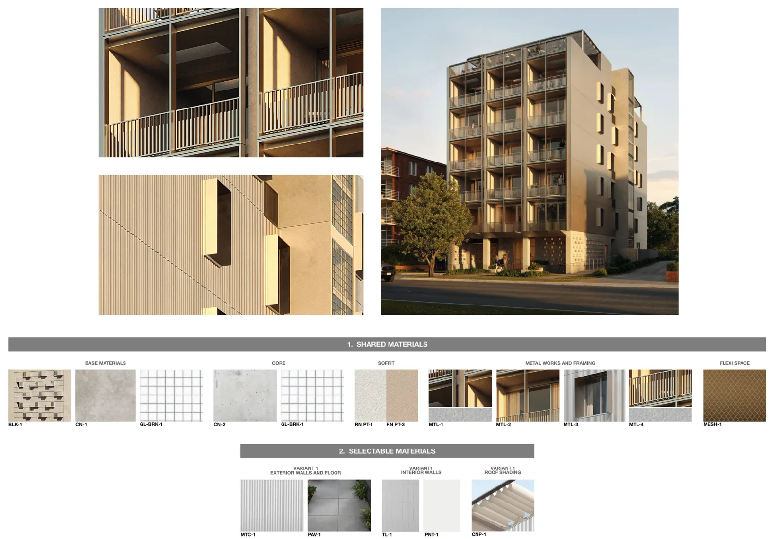 External material palette 1, the street elevation and facade details in unpainted aluminium zinc magnesium coated steel sheet cladding with white blockwork, off form concrete, glass block, textured render soffits and mid grey porcelain paving