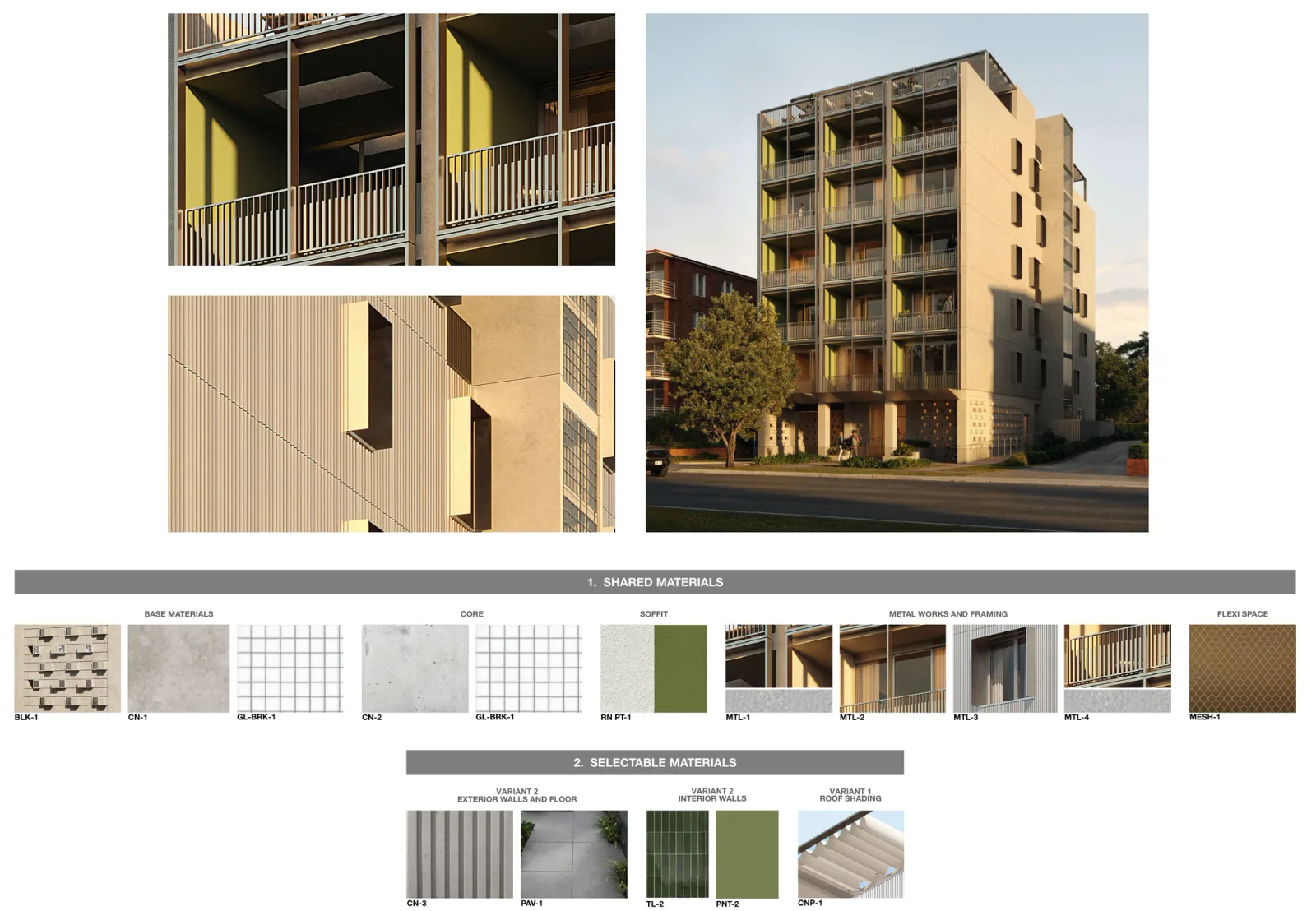 External material palette 2, the street elevation and facade details in ribbed precast concrete panels in beige tones with white blockwork, off form concrete, glass block and olive green soffits and tiling
