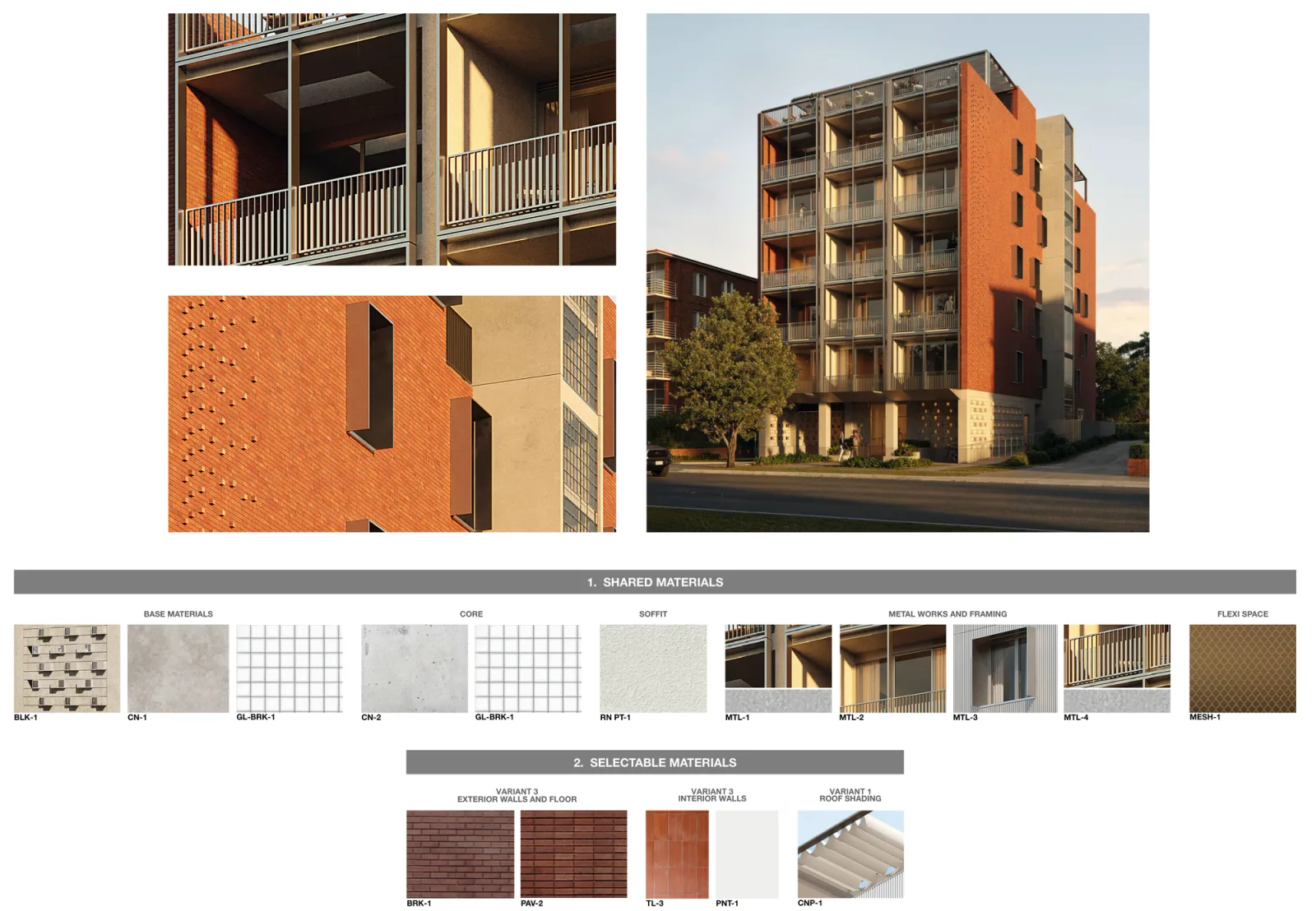 External material palette 3, the street elevation and facade details in red brickwork with flush joints and red brick pavers, with white blockwork, off form concrete, glass block and terracotta tiling
