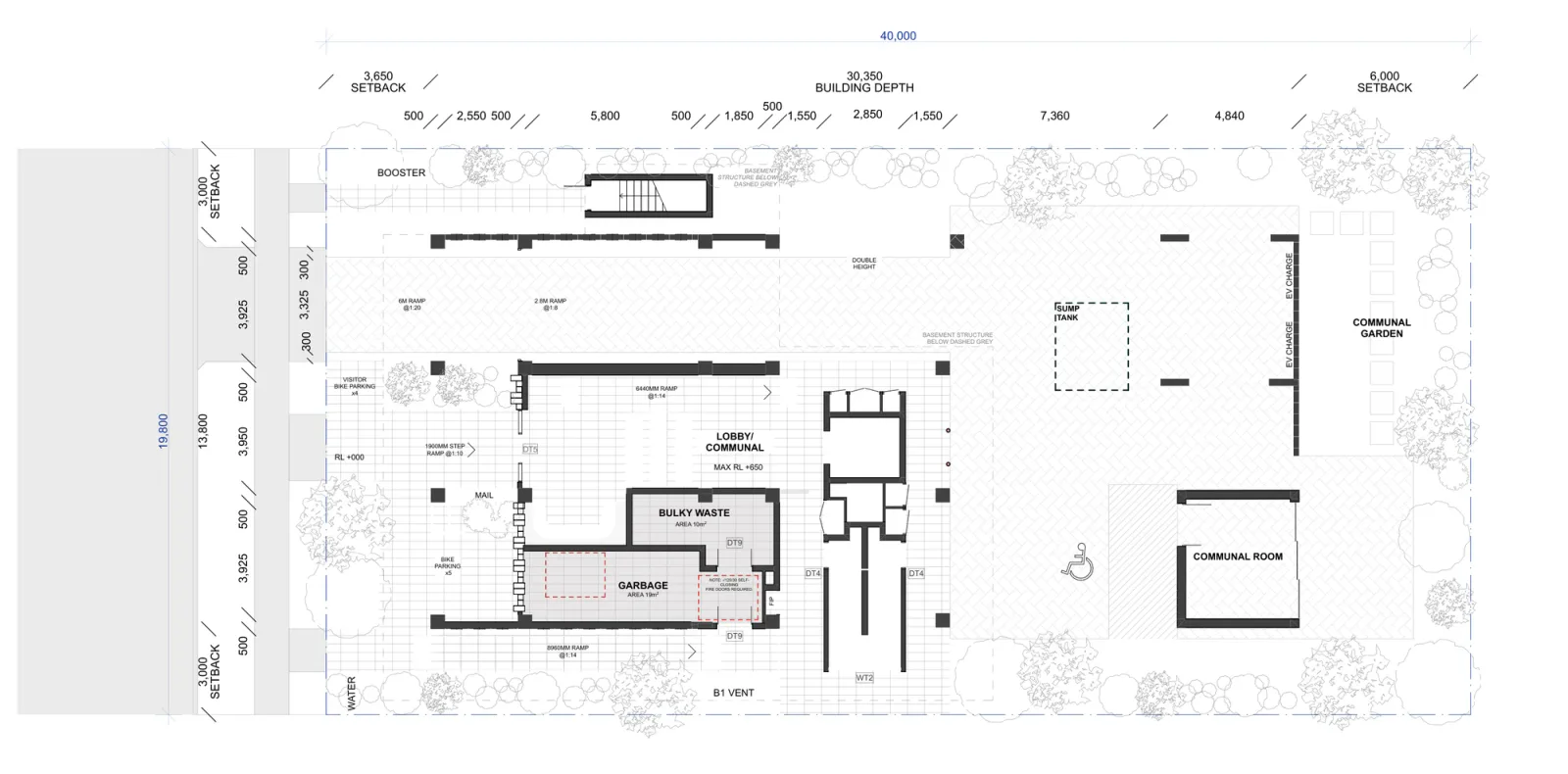 Ground floor plan for the on grade parking option, showing parking with electric vehicle charging under the building, the lobby, the waste rooms, a communal room and a communal garden at the rear in place of the ground floor apartments