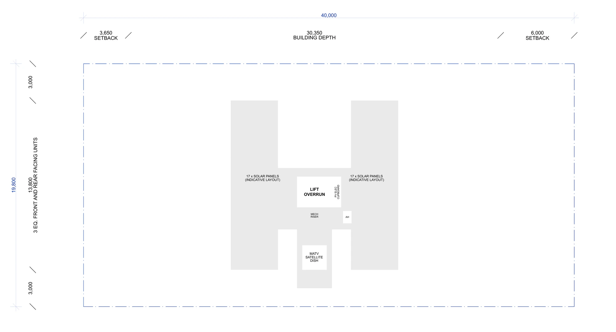 Roof plan showing the lift overrun, the mechanical riser, a satellite dish and two indicative arrays of 17 solar panels