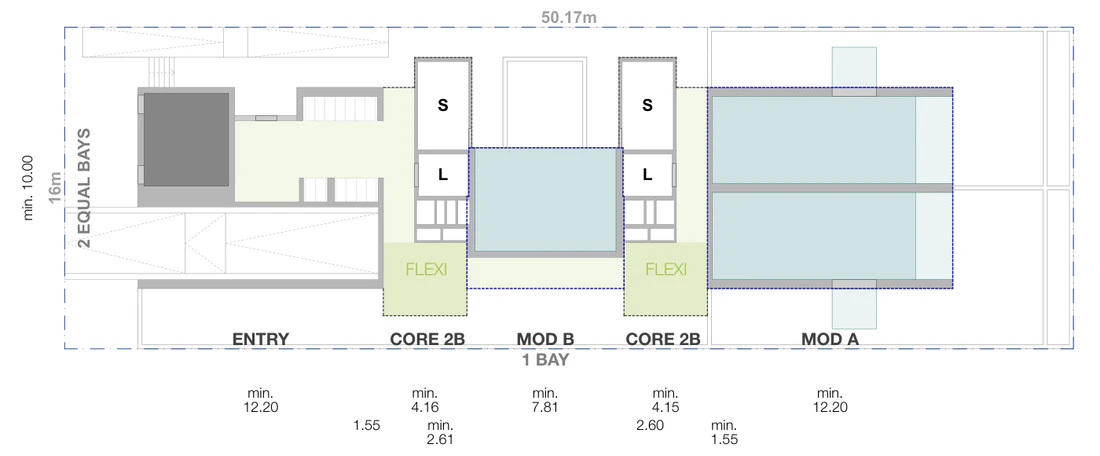 Site plan at ground level for a mid block lot 16 metres wide and 50.17 metres deep, 803 square metres, with the front setback, driveway and entry, the lift and stair core, the flexible communal room and two bays of apartments inside the boundaries, and the apartment levels, communal rooftop and solar roof above