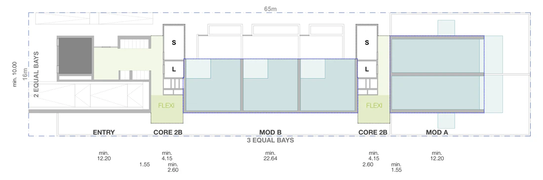 Site plan at ground level for a mid block lot 16 metres wide and 65 metres deep, 1,040 square metres, with the front setback, driveway and entry, the lift and stair core, the flexible communal room and two bays of apartments inside the boundaries, and the apartment levels, communal rooftop and solar roof above