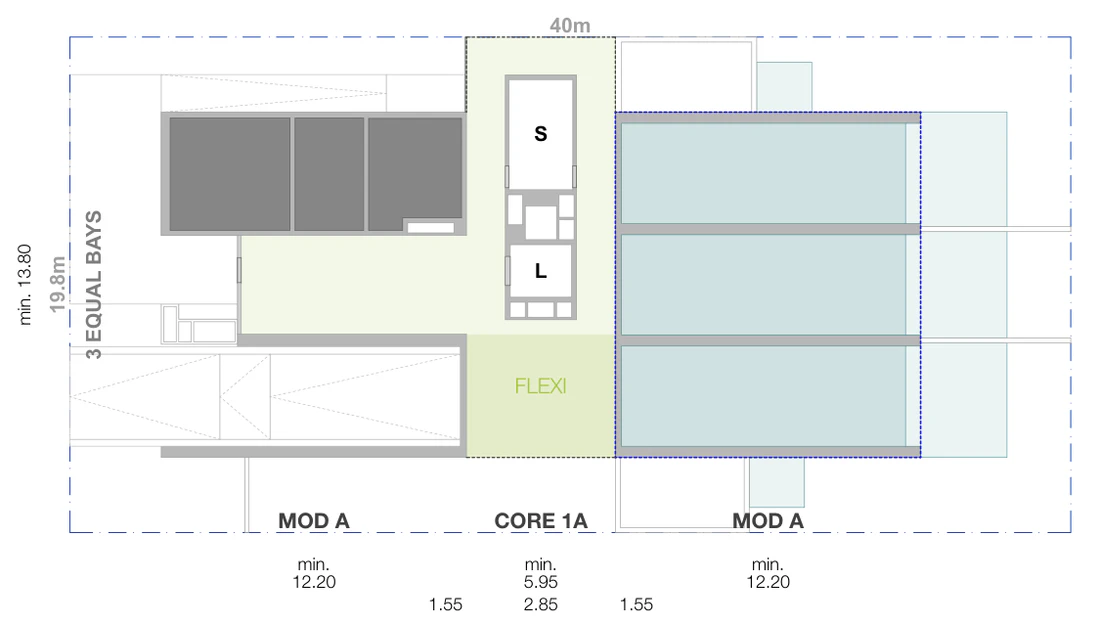 Site plan at ground level for a mid block lot 19.8 metres wide and 40 metres deep, 792 square metres, with the front setback, driveway and entry, the lift and stair core, the flexible communal room and three bays of apartments inside the boundaries, and the apartment levels, communal rooftop and solar roof above